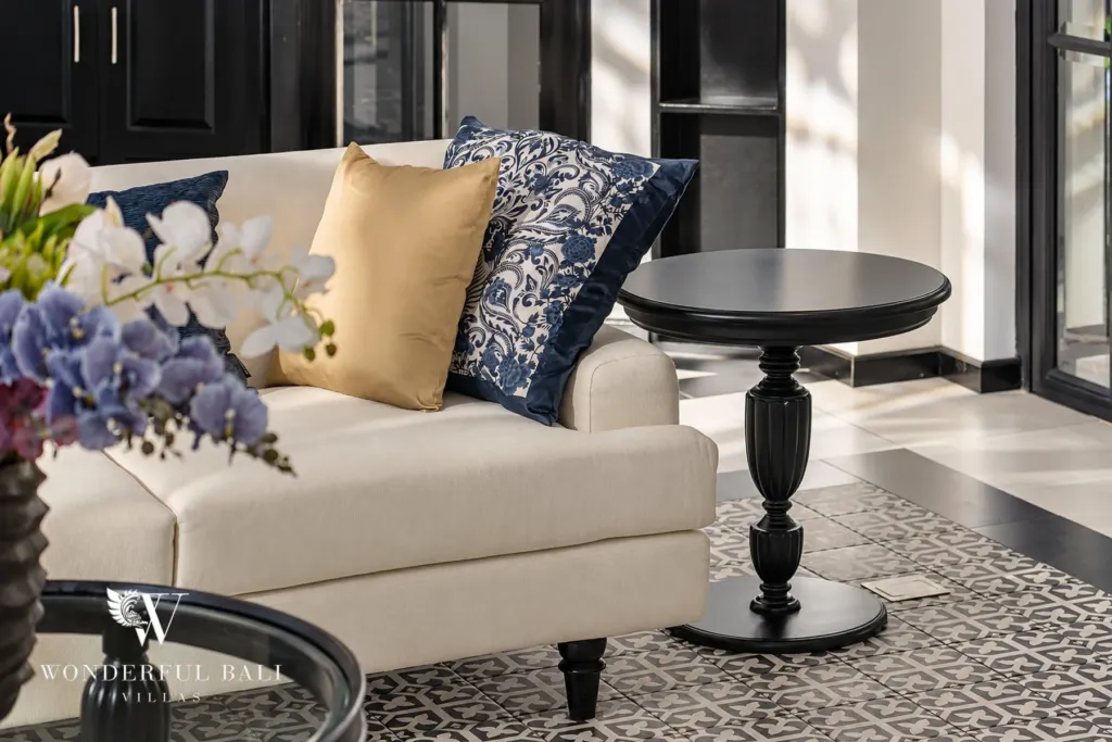 7BR villa for sale in Umalas — lounge seating with blue and white cushions