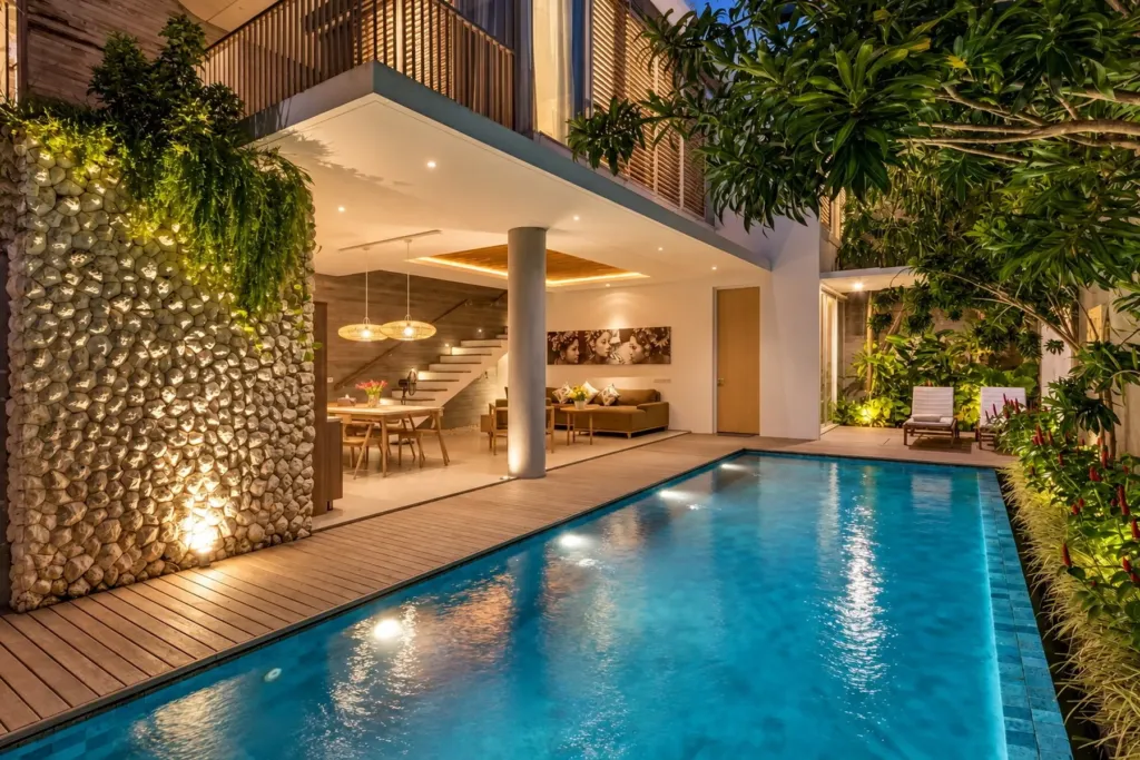 Villa Swan 02 — pool, lit at night with the open living and dining room glowing behind a stacked stone wall