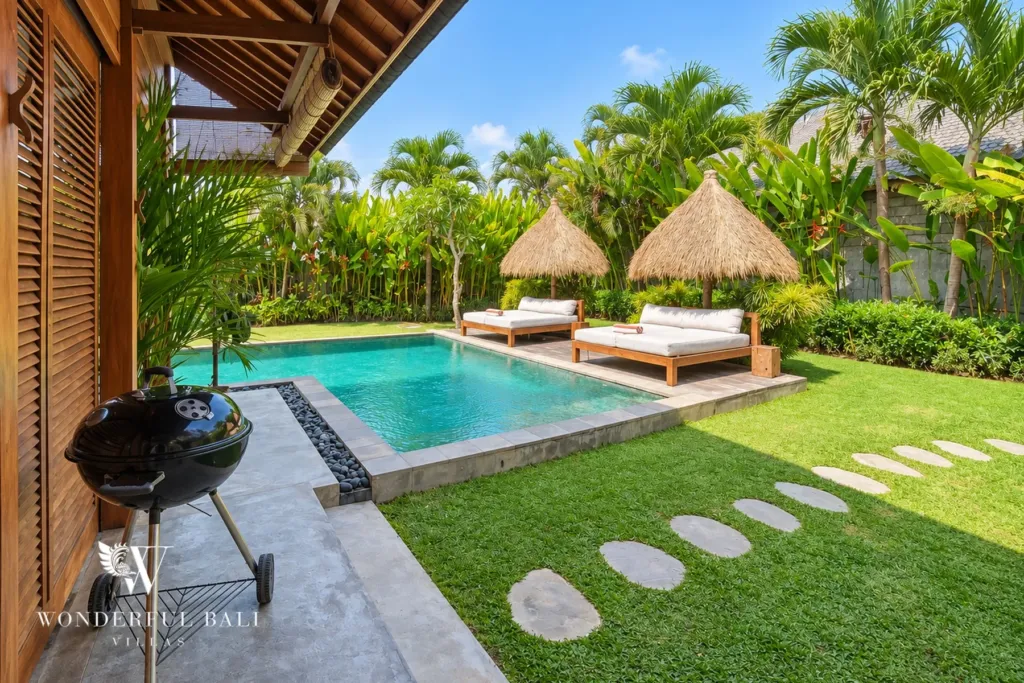 3BR villa Seseh, Canggu — poolside veranda with barbecue