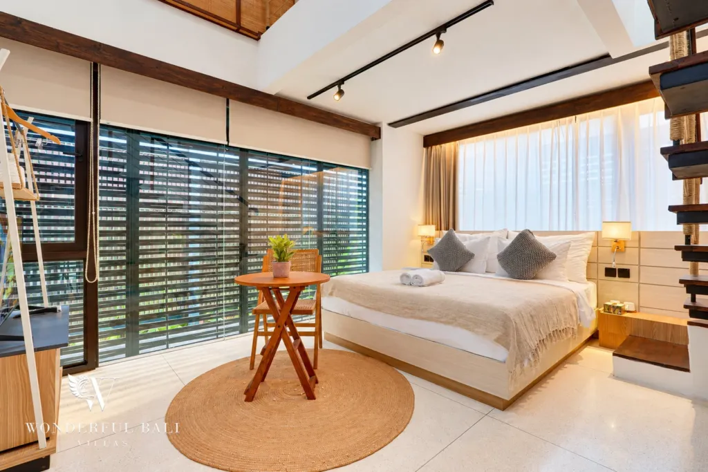 4BR villa for sale in Canggu — bedroom with louvred windows and reading table