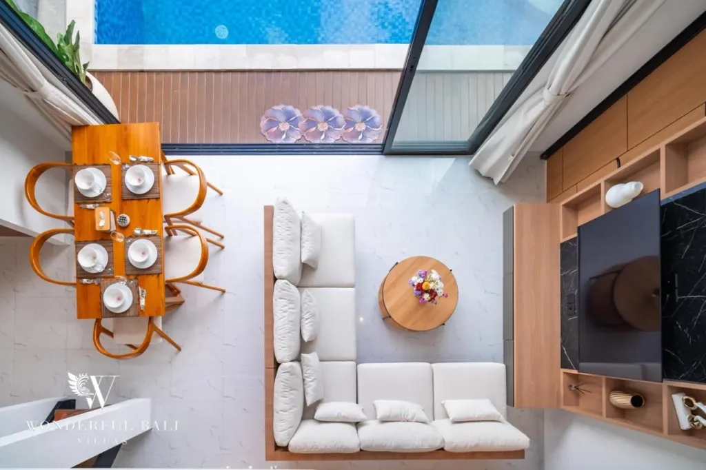3BR villa for sale in Saba, Gianyar — top-down view of the living and dining area
