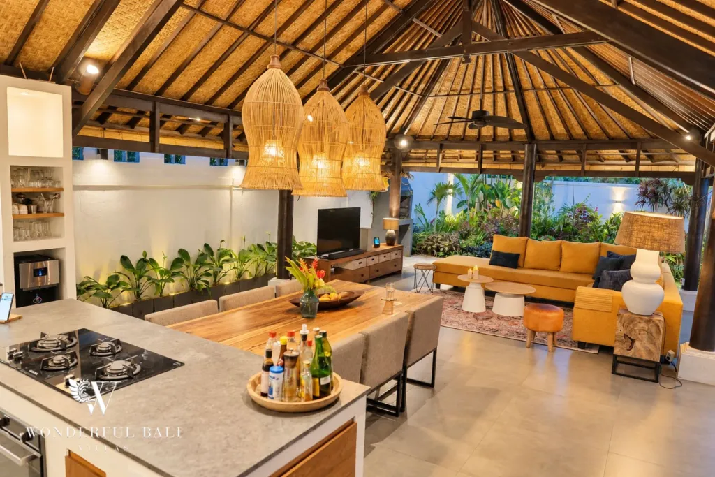 3BR villa for rent in Tabanan — kitchen counter with the lounge beyond