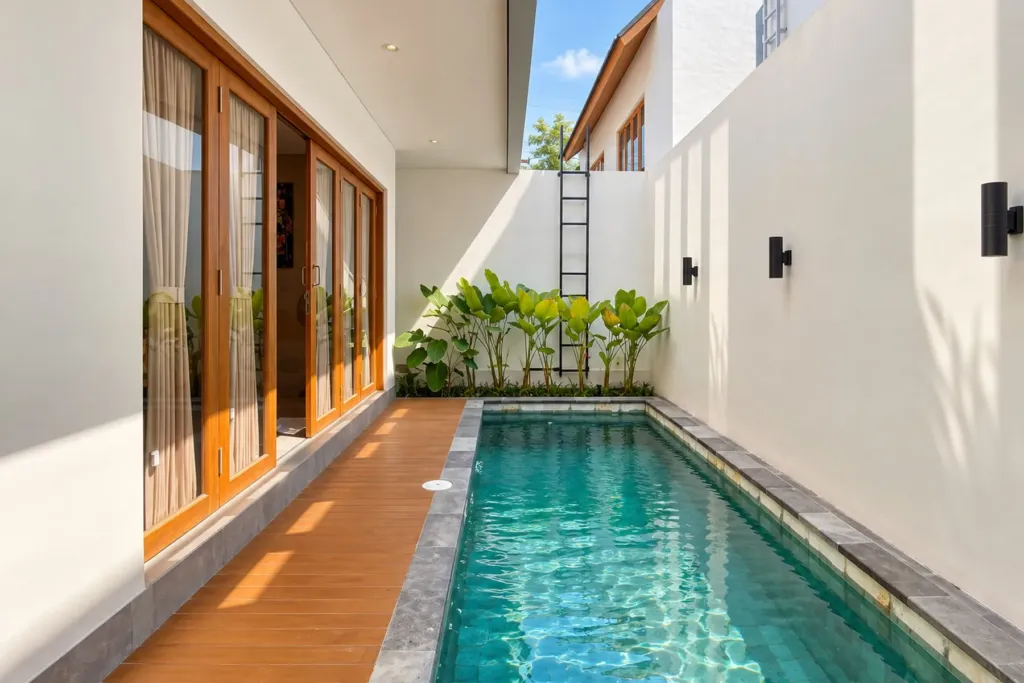3BR villa for rent in Sanur — private pool with timber deck along the living room glass doors