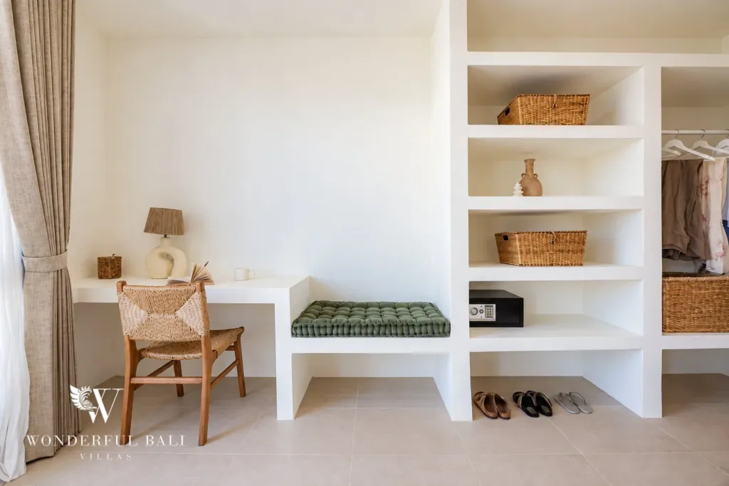 2BR villa for rent in Munggu — desk and open wardrobe shelving