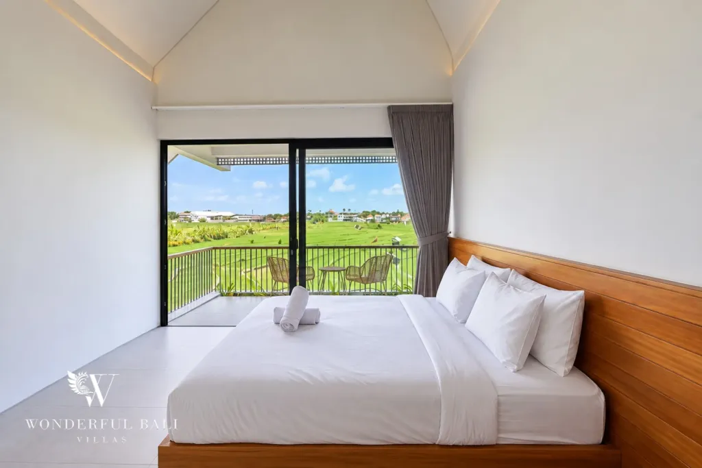 3BR villa long term rental Canggu — bedroom facing the rice fields