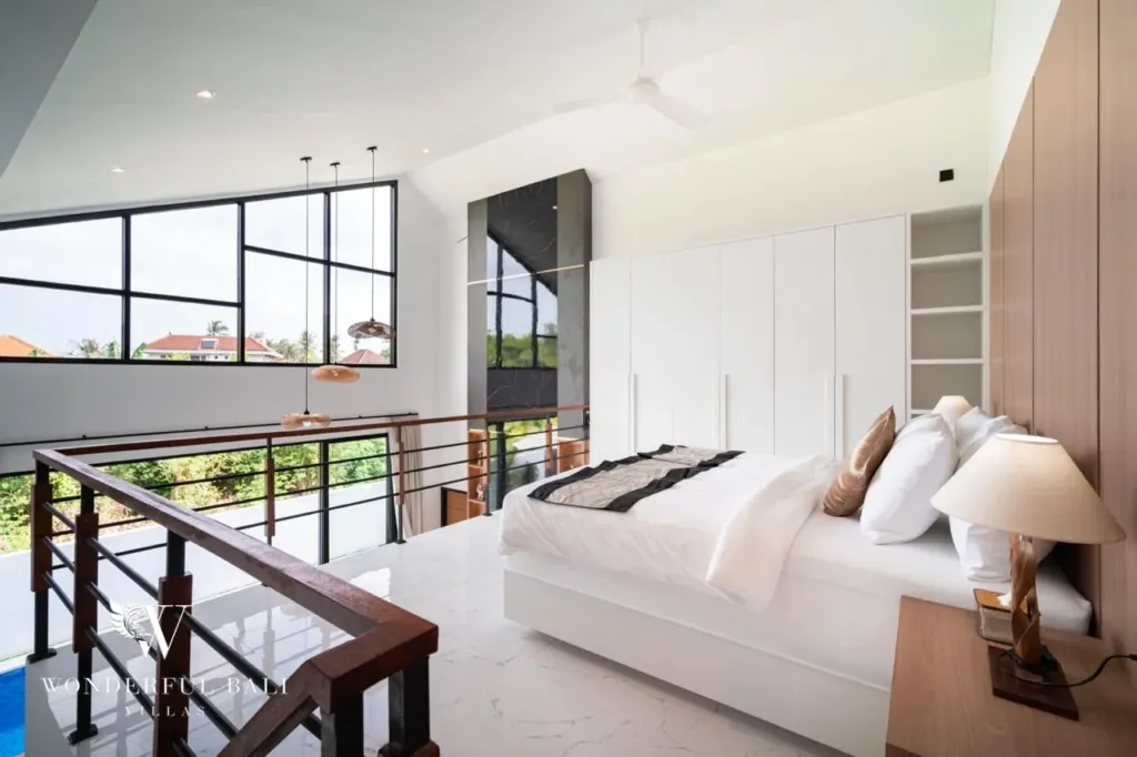 3BR villa for sale in Saba, Gianyar — mezzanine bedroom overlooking the double-height living area
