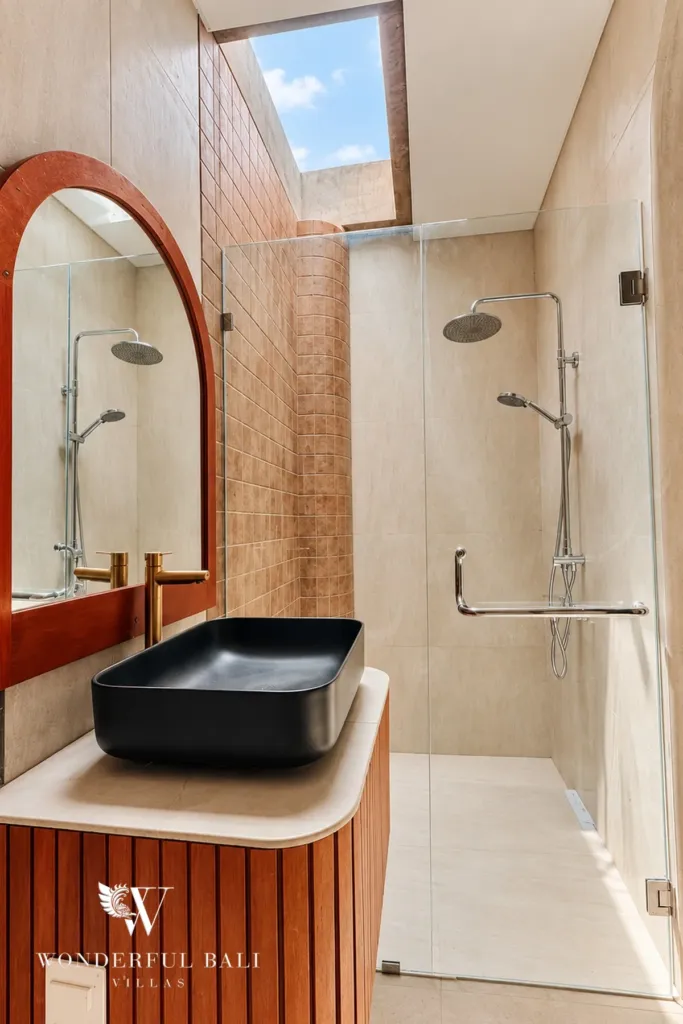 2BR villa for sale in Sanur — ensuite with rain shower and black vessel basin