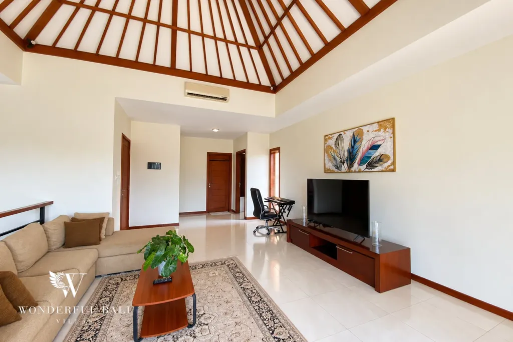 3BR villa for rent in Sanur — upstairs lounge under a vaulted ceiling