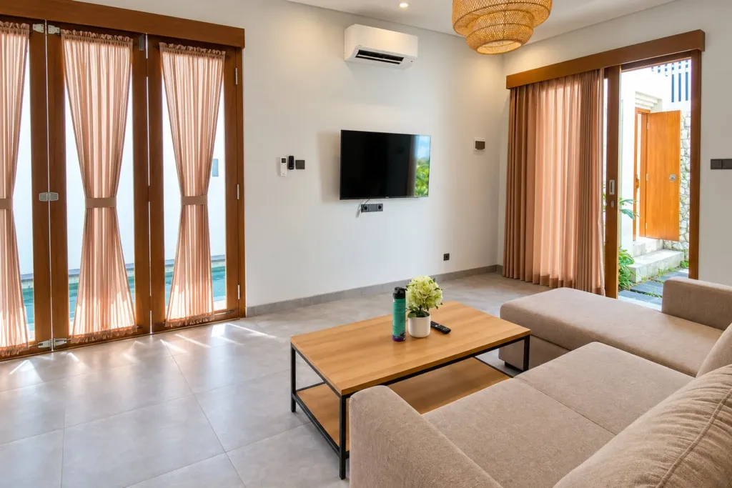 3BR villa for rent in Sanur — living room with corner sofa opening onto the pool deck
