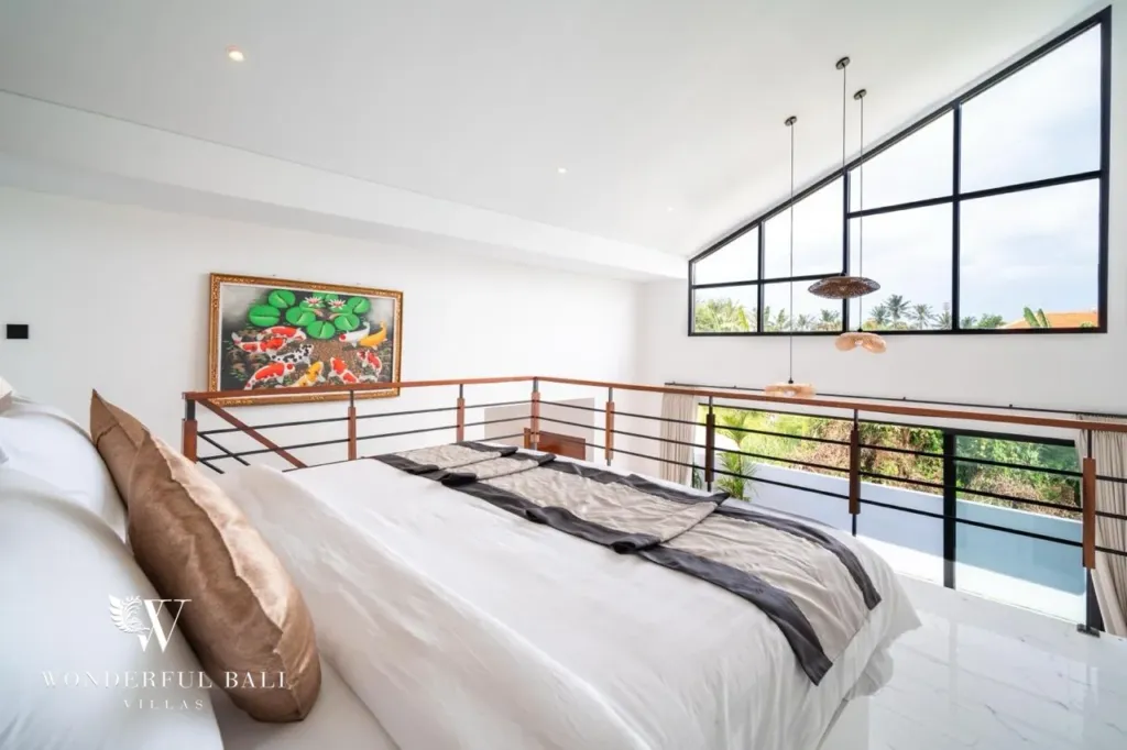 3BR villa for sale in Saba, Gianyar — mezzanine bedroom under high gable windows