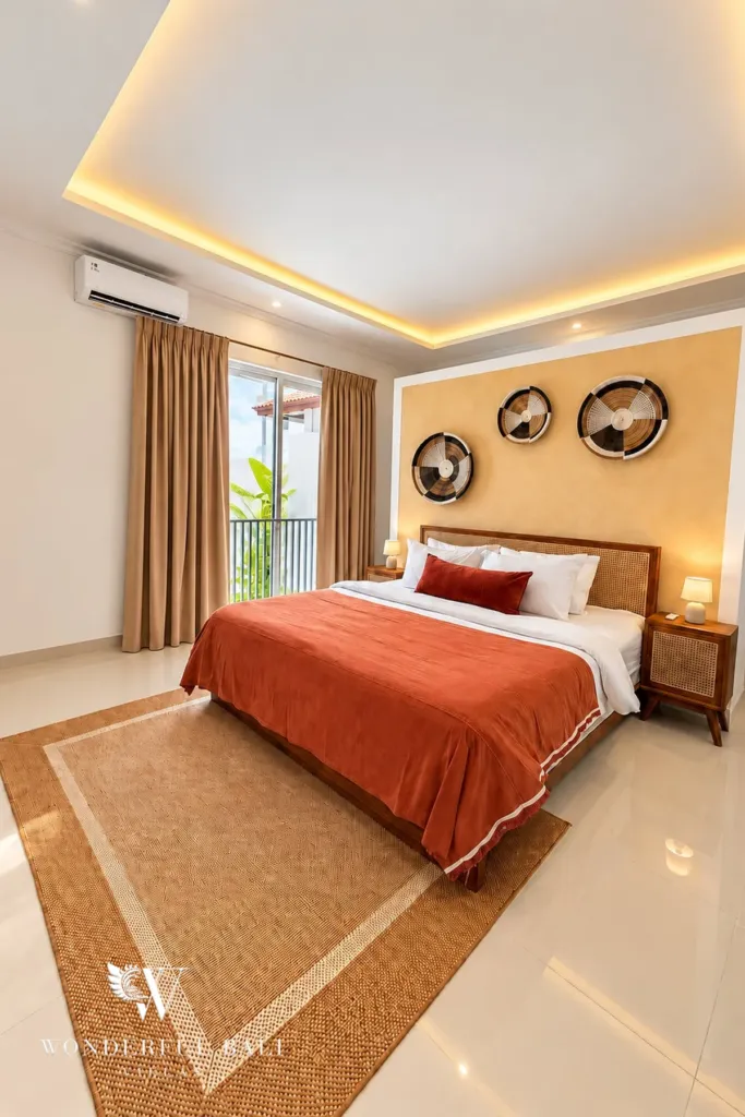 3BR villa for rent in Padonan — bedroom with double bed and balcony doors