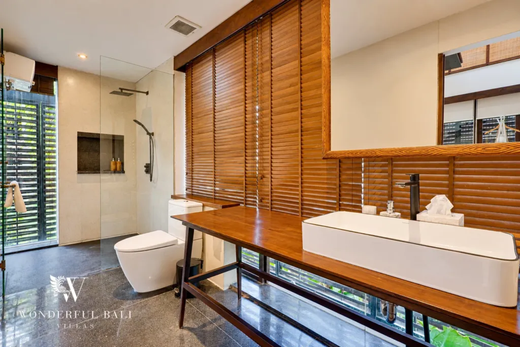 4BR villa for sale in Canggu — bathroom with timber vanity and walk-in shower