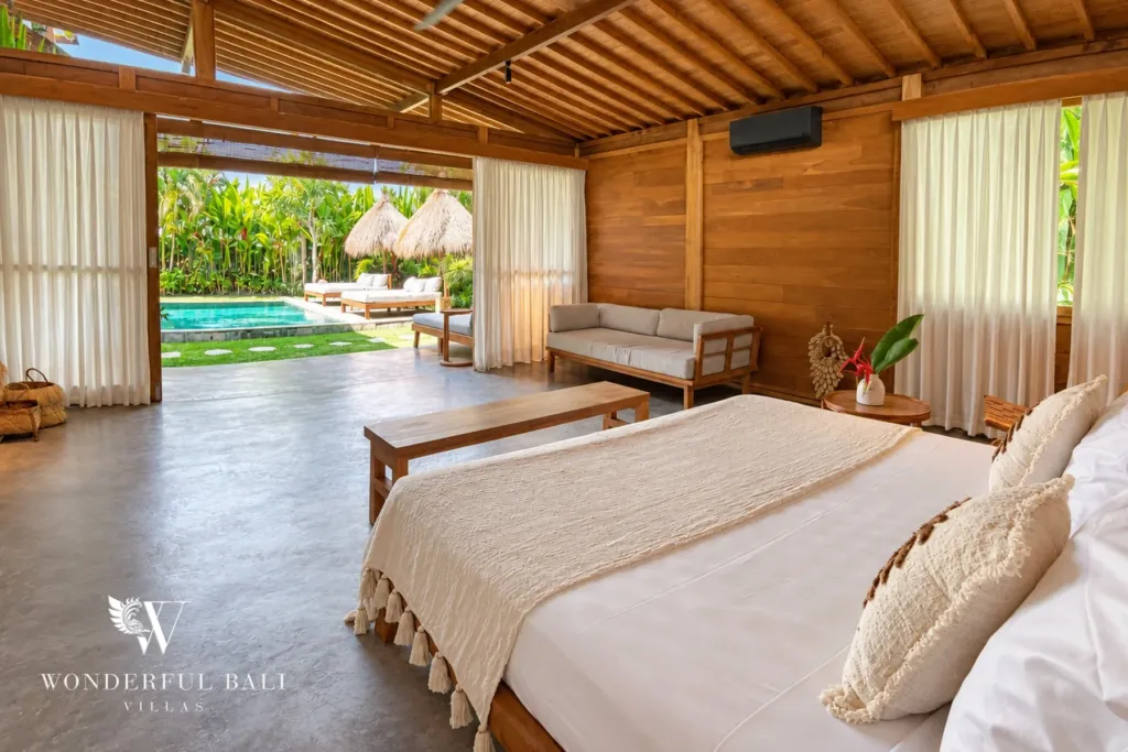 3BR villa Seseh, Canggu — bedroom with pool view