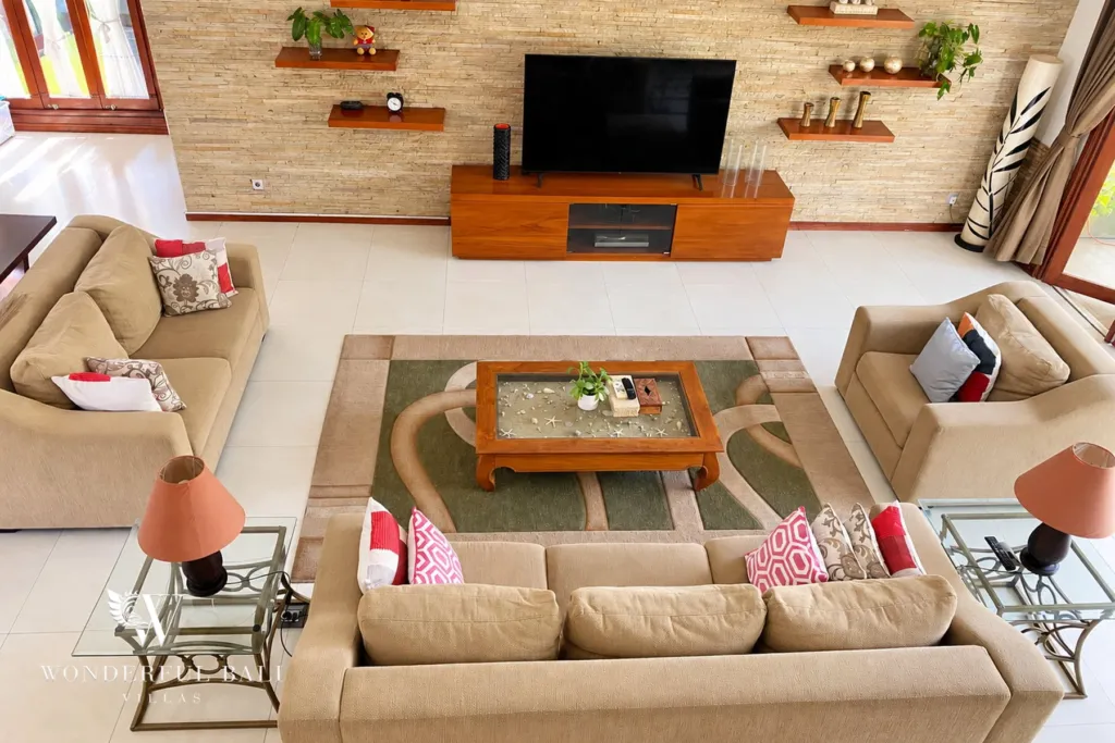 3BR villa for rent in Sanur — living room from the upstairs gallery