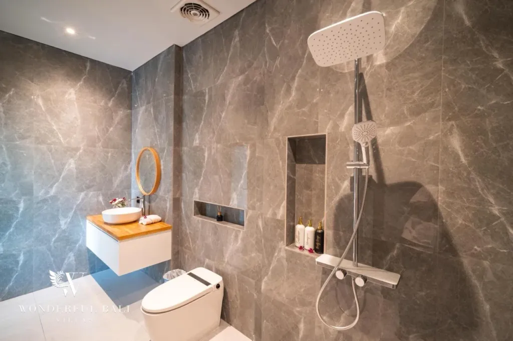 3BR villa for sale in Saba, Gianyar — walk-in rain shower with marble-look tiles