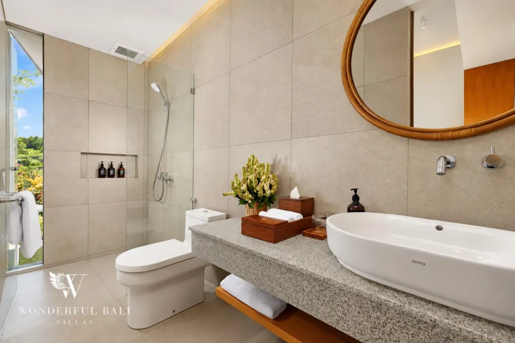 2BR villa long term rental Pererenan — bathroom with stone vanity