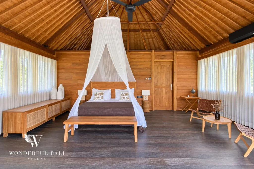 3BR villa Seseh, Canggu — upstairs bedroom with canopy bed