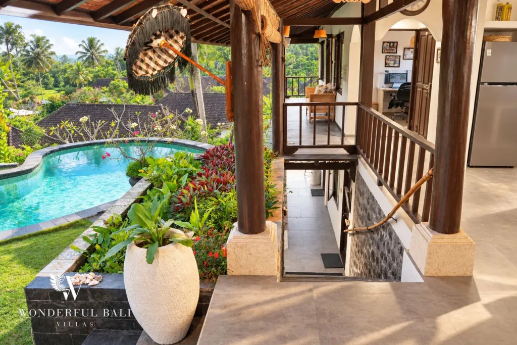 3BR villa for rent in Tabanan — view from the upper terrace down to the pool