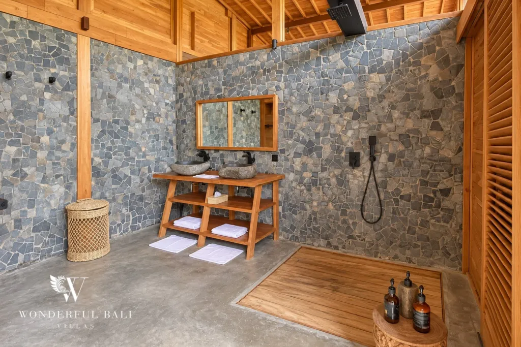 3BR villa Seseh, Canggu — stone bathroom with double vanity