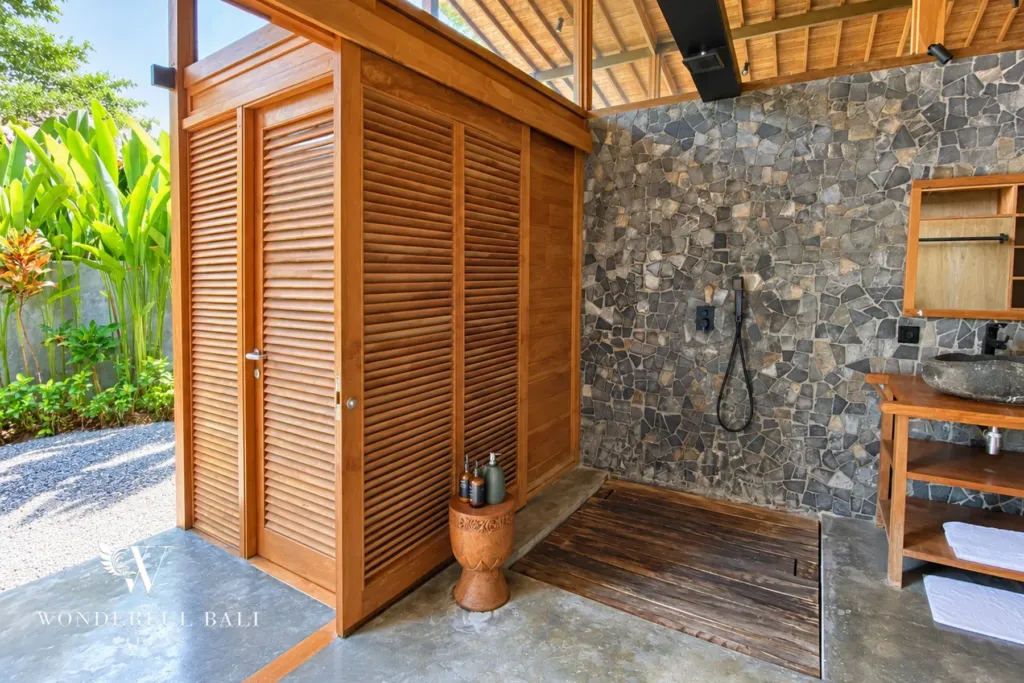 3BR villa Seseh, Canggu — bathroom with garden entrance