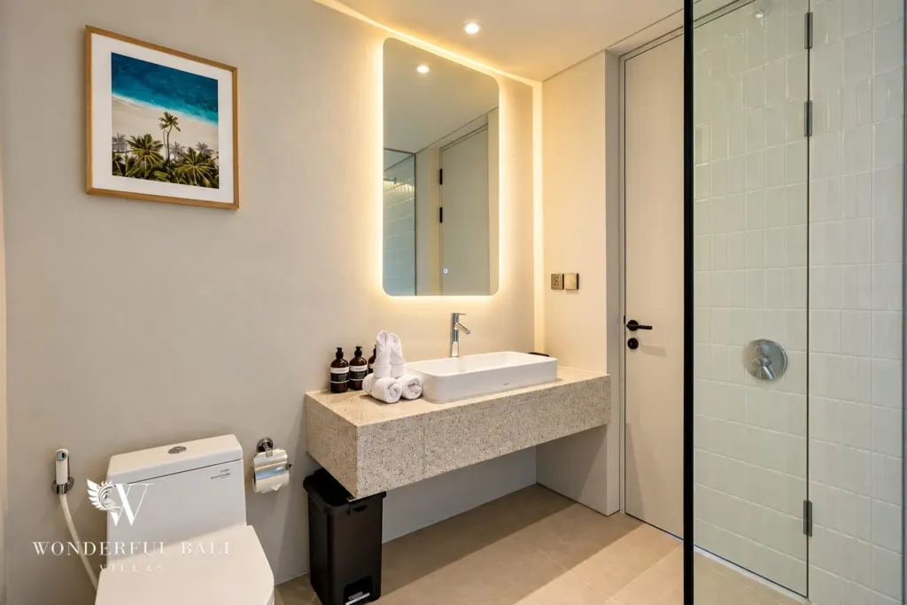 3BR villa long term rental Canggu — bathroom vanity and shower