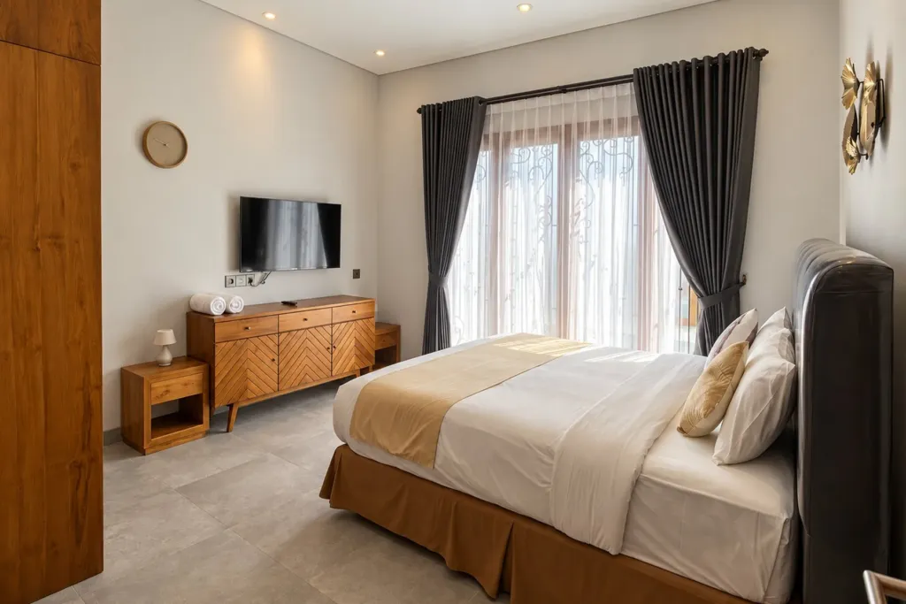 3BR villa for rent in Sanur — main bedroom with smart TV and French windows