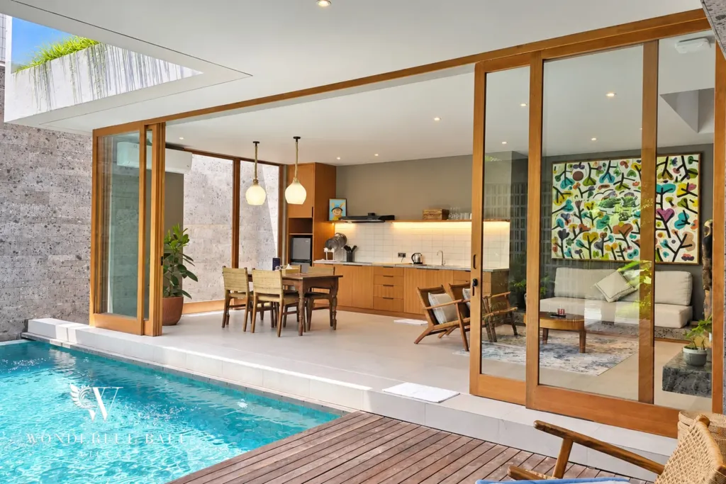 2BR villa long term rental Pererenan — pool courtyard and living area