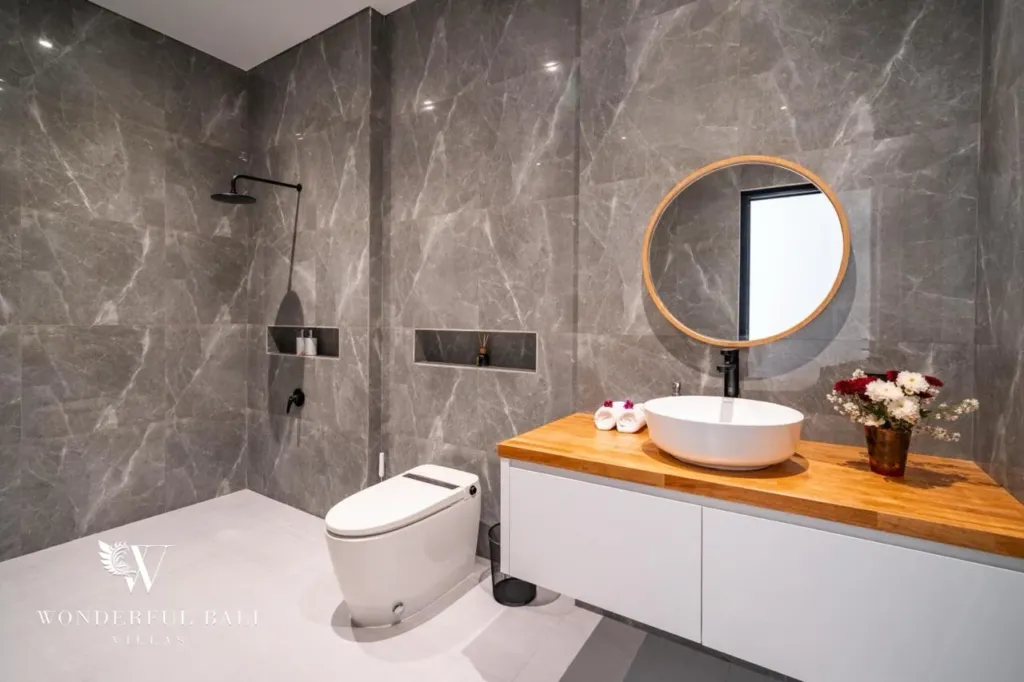 3BR villa for sale in Saba, Gianyar — bathroom with smart toilet and timber vanity