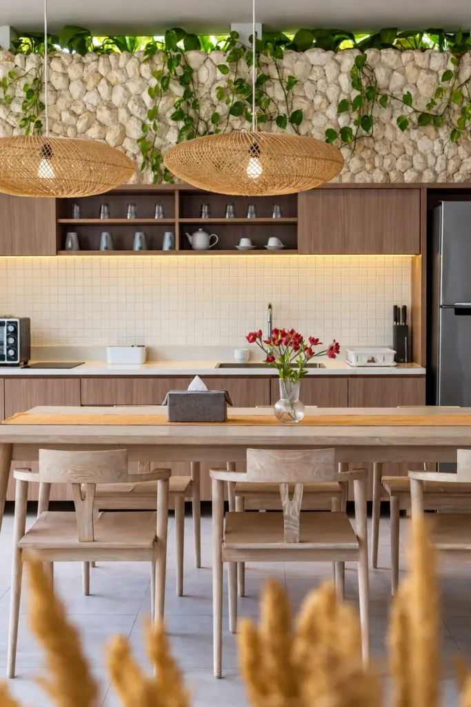 Villa Swan 02 — kitchen, timber cabinets and rattan pendants behind the dining table