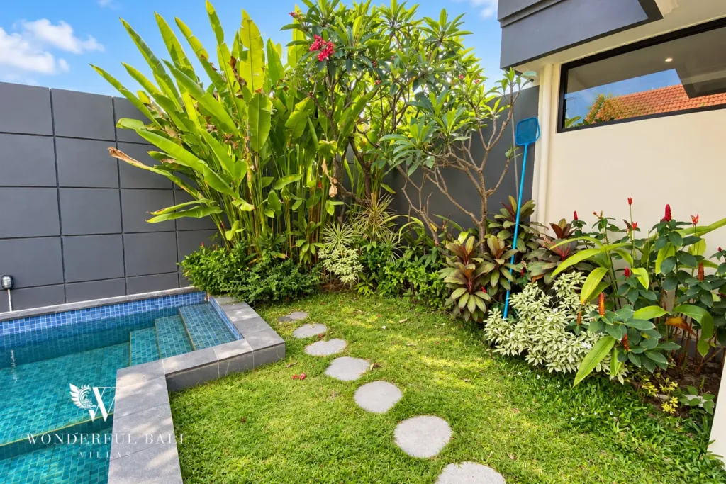 3BR villa for sale or rent in Sanur — lush tropical planting around the pool
