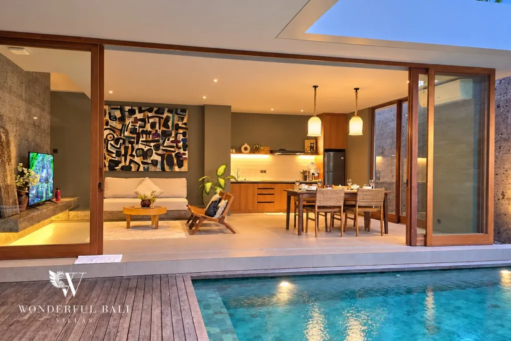 2BR villa long term rental Pererenan — poolside living and dining