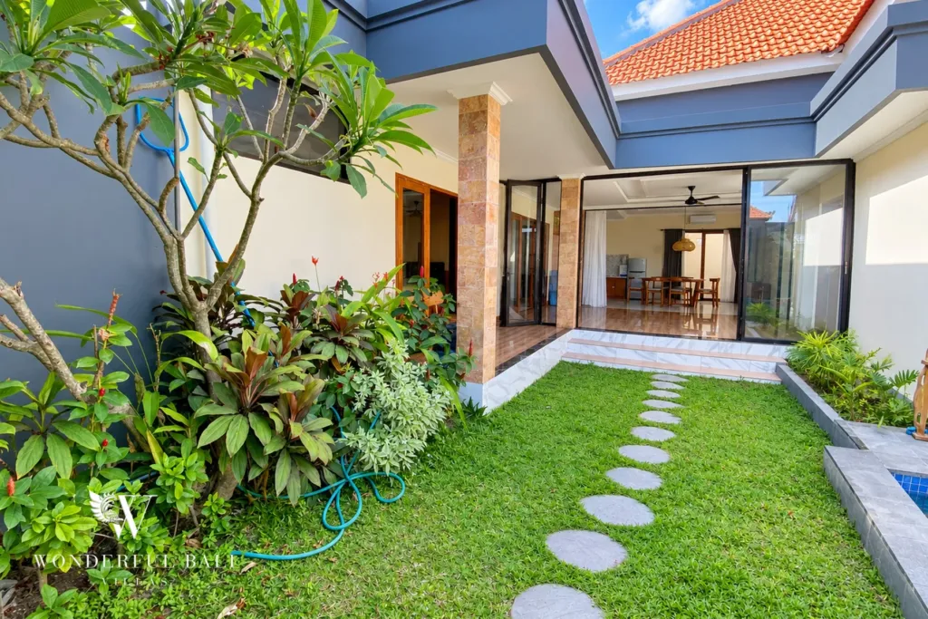 3BR villa for sale or rent in Sanur — garden courtyard leading to the living area