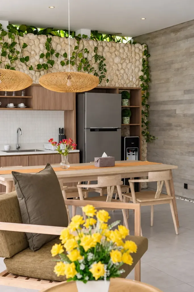 Villa Swan 02 — kitchen, corner with fridge and dining chairs beside a vase of yellow flowers