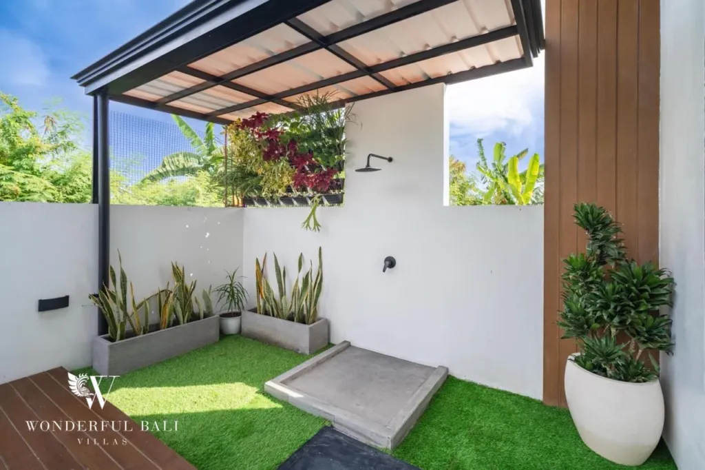 3BR villa for sale in Saba, Gianyar — garden outdoor shower with lawn and planters