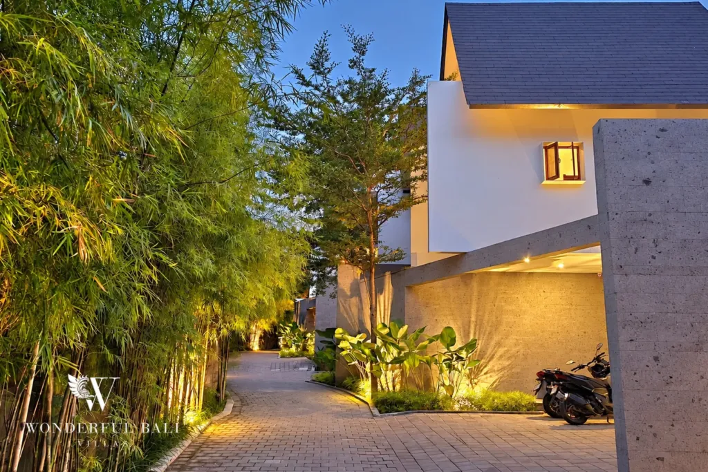 2BR villa long term rental Pererenan — villa exterior at dusk