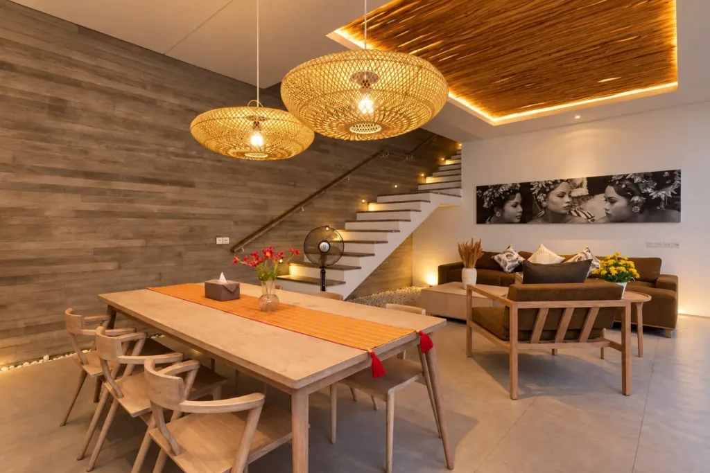 Villa Swan 02 — dining, timber table under rattan pendants in the evening, staircase behind