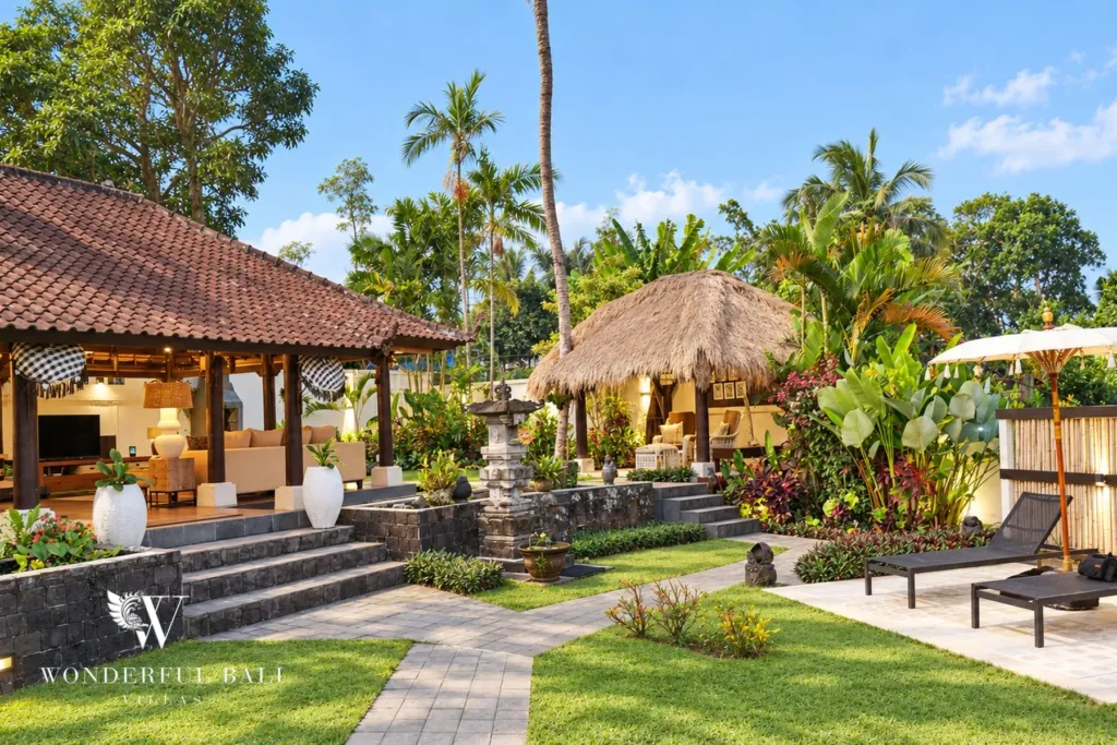 3BR villa for rent in Tabanan — landscaped garden with stone shrine, gazebo and pavilion
