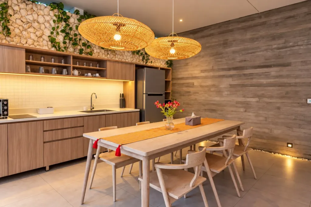 Villa Swan 02 — kitchen, warm under-cabinet light and rattan pendants above the dining table in the evening