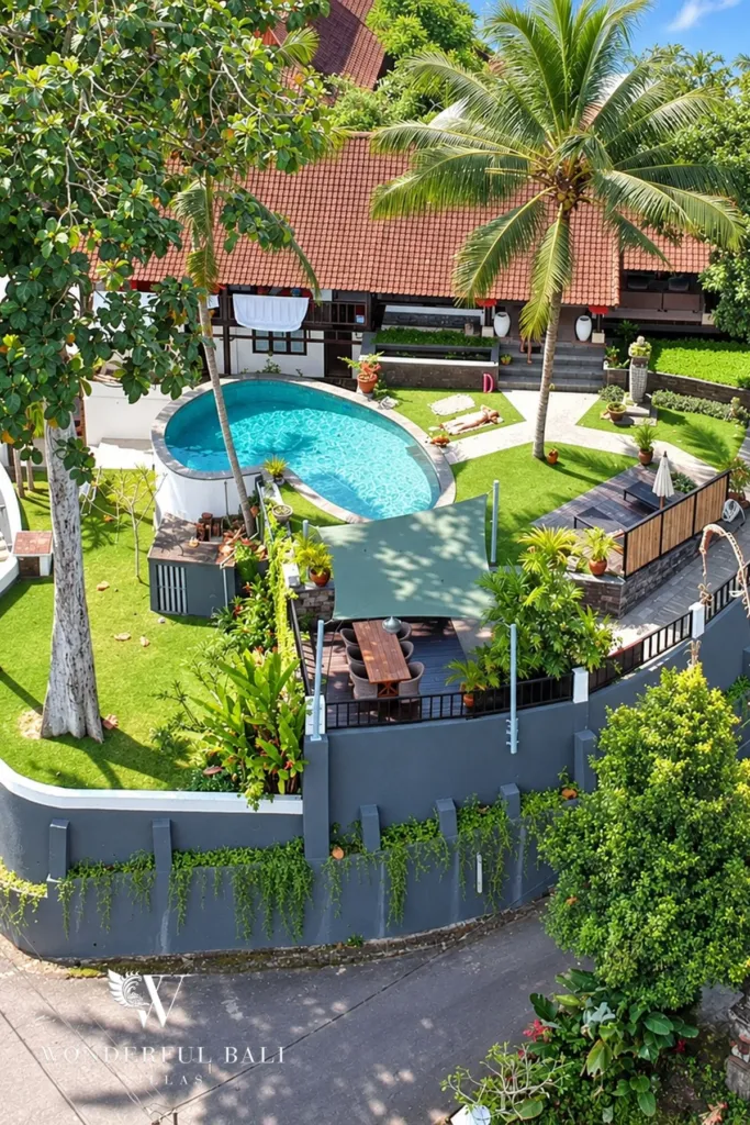 3BR villa for rent in Tabanan — aerial view of the villa, pool and garden