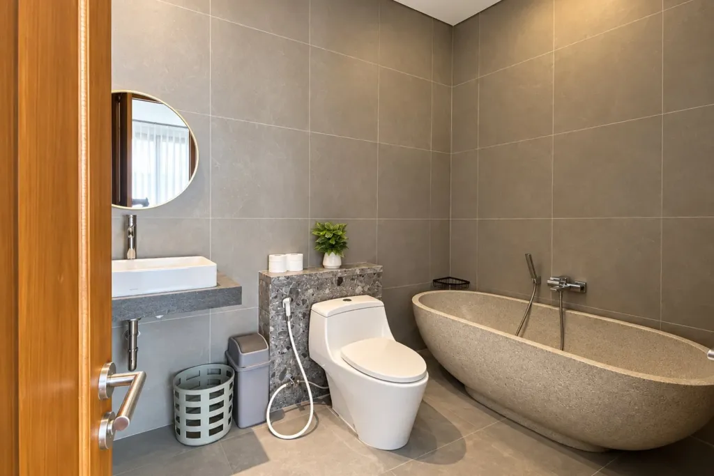 3BR villa for rent in Sanur — bathroom with freestanding stone bathtub