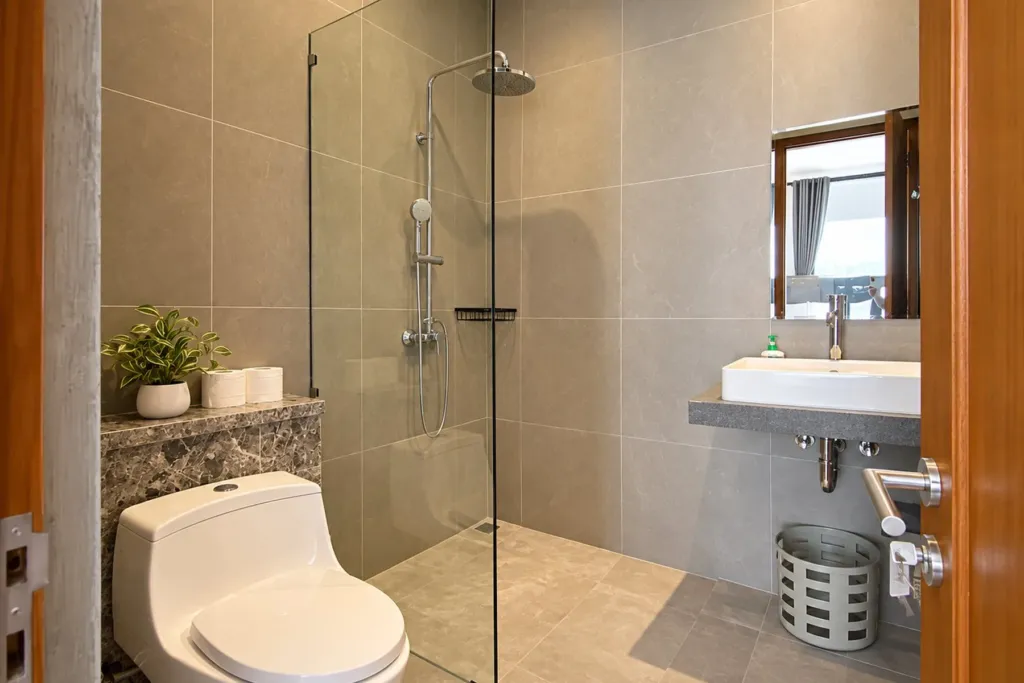 3BR villa for rent in Sanur — bathroom with glass walk-in rain shower