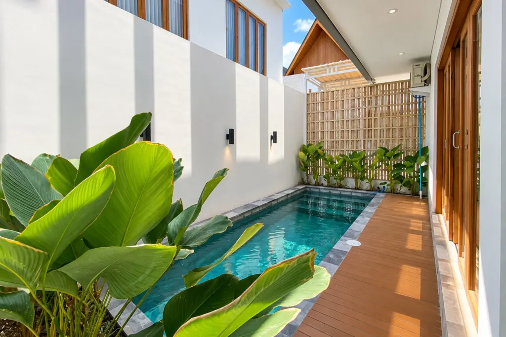 3BR villa for rent in Sanur — private pool with tropical planting and timber deck