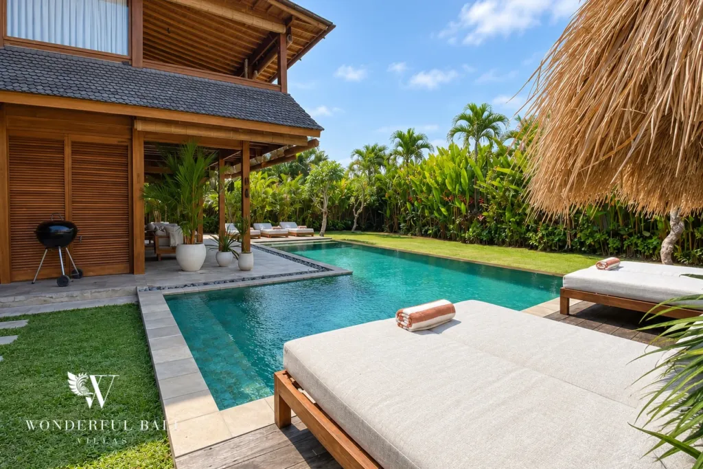 3BR villa Seseh, Canggu — pool and thatched pavilion