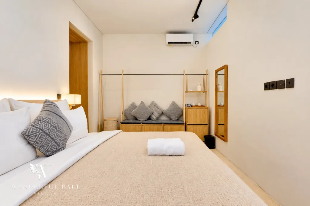 4BR villa for sale in Canggu — bedroom with storage bench and mirror