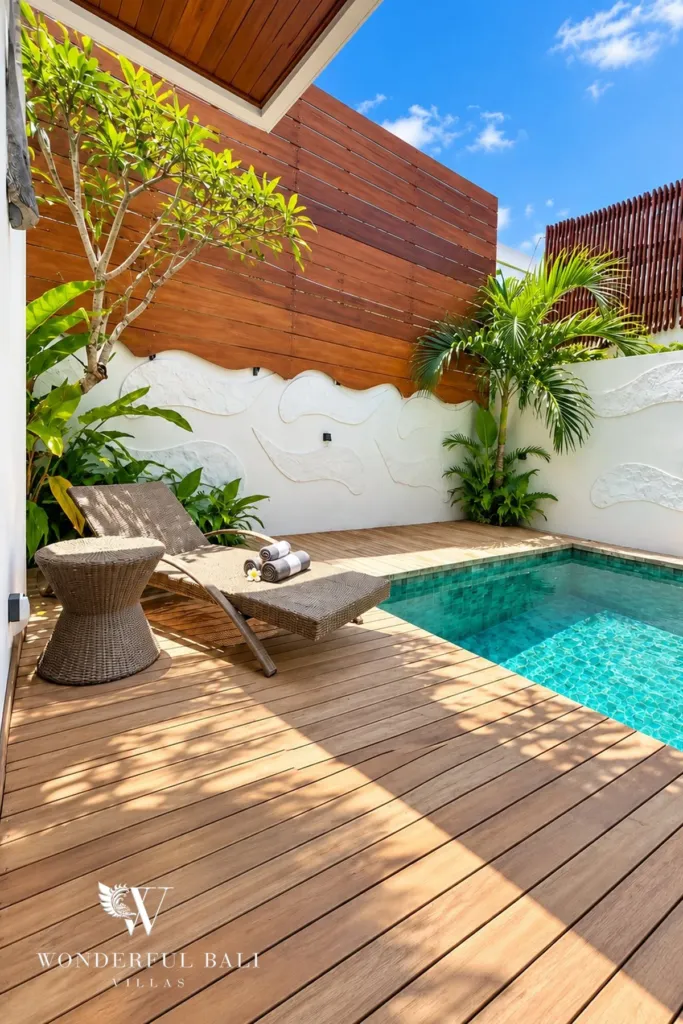 3BR villa for rent in Padonan — teak pool deck with sun lounger