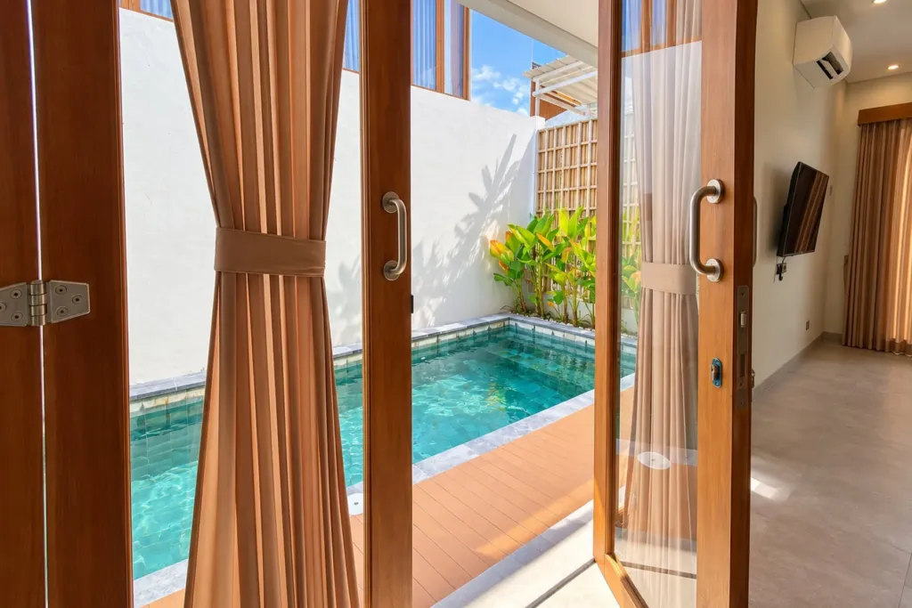 3BR villa for rent in Sanur — view through the living room doors to the private pool