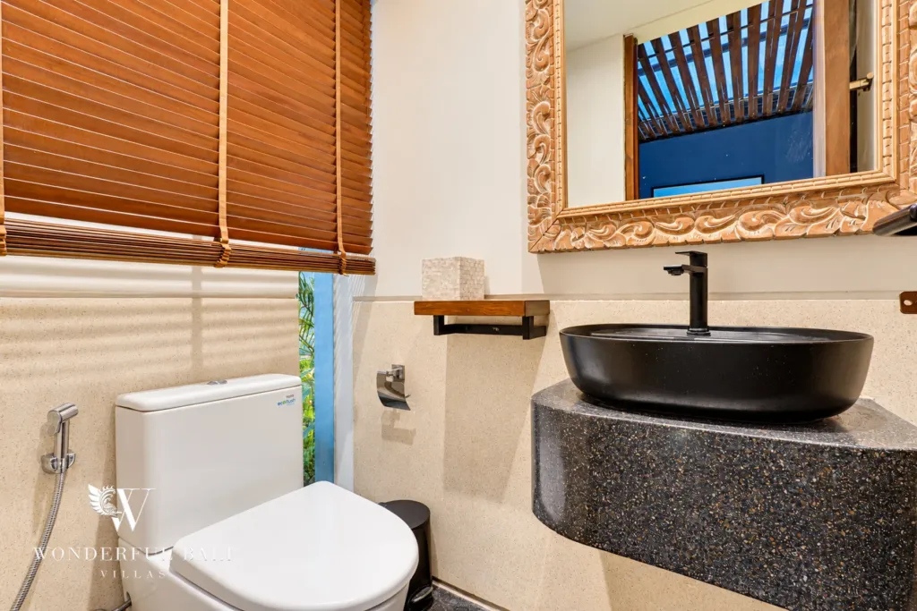 4BR villa for sale in Canggu — powder room with black vessel basin