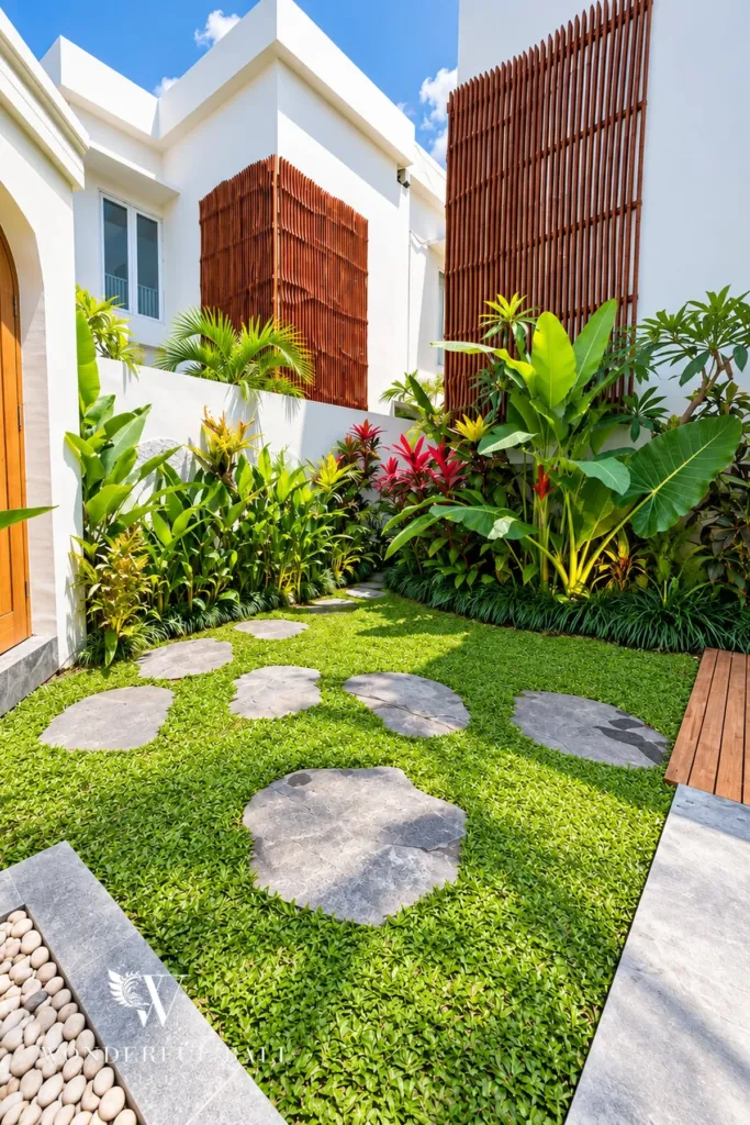 3BR villa for rent in Padonan — garden with stepping stones and tropical planting