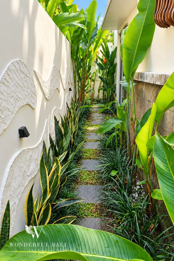 3BR villa for rent in Padonan — planted side path along the villa