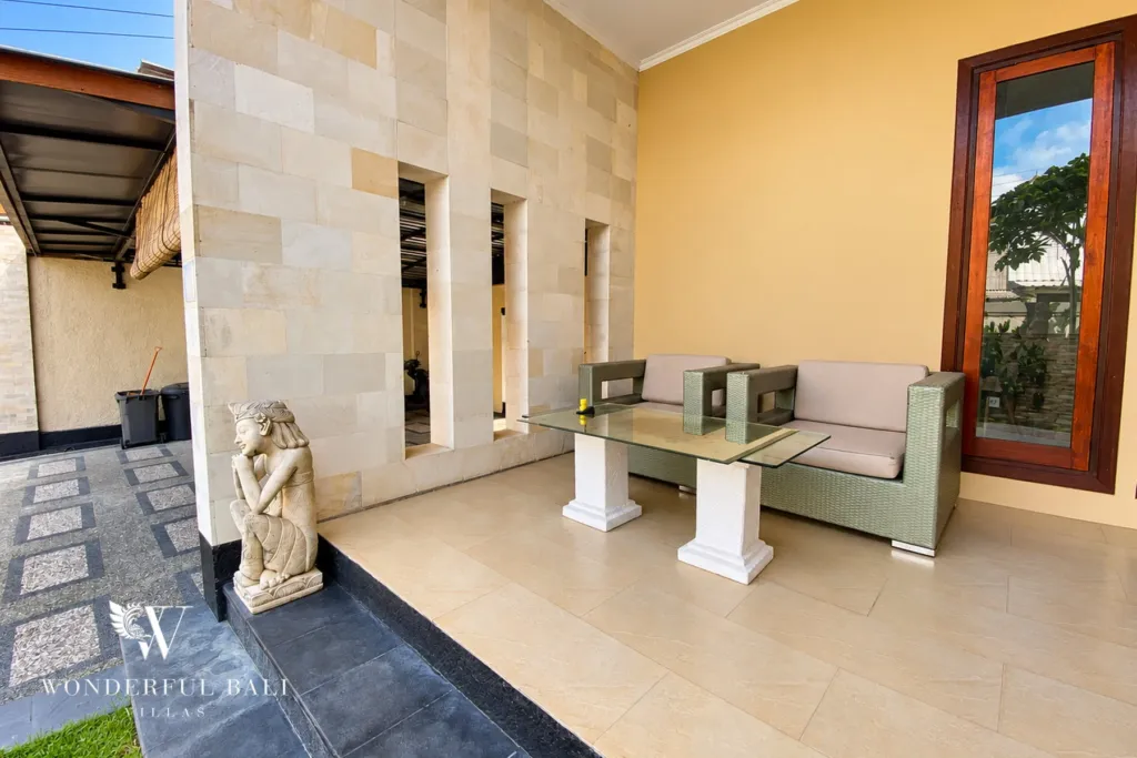 3BR villa for rent in Sanur — covered terrace with outdoor sofa